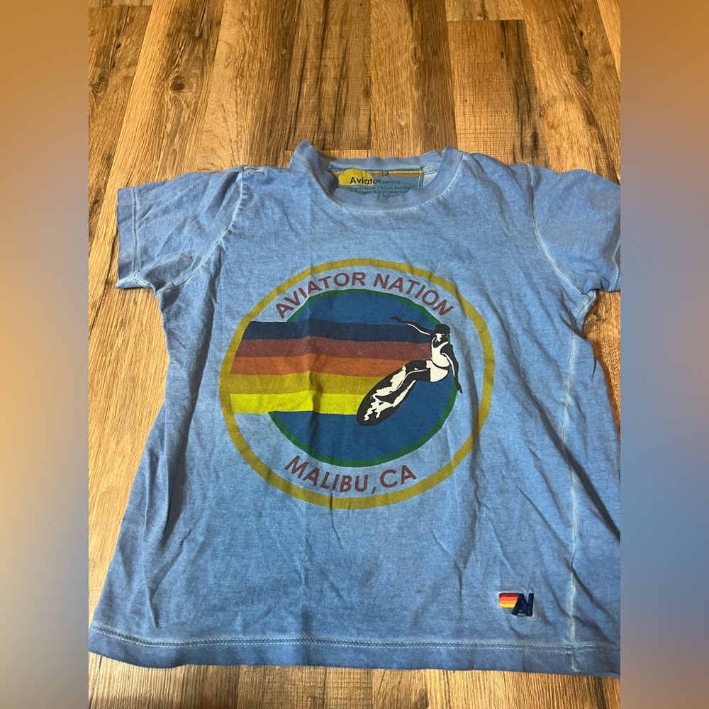 Aviator Nation Kids Blue Graphic Tee with Rainbow Stripes